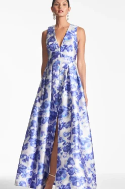 Women Sachin & Babi Gowns-Brooke Gown Azure Watercolor Floral