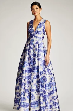 Women Sachin & Babi Gowns-Brooke Gown Azure Watercolor Floral